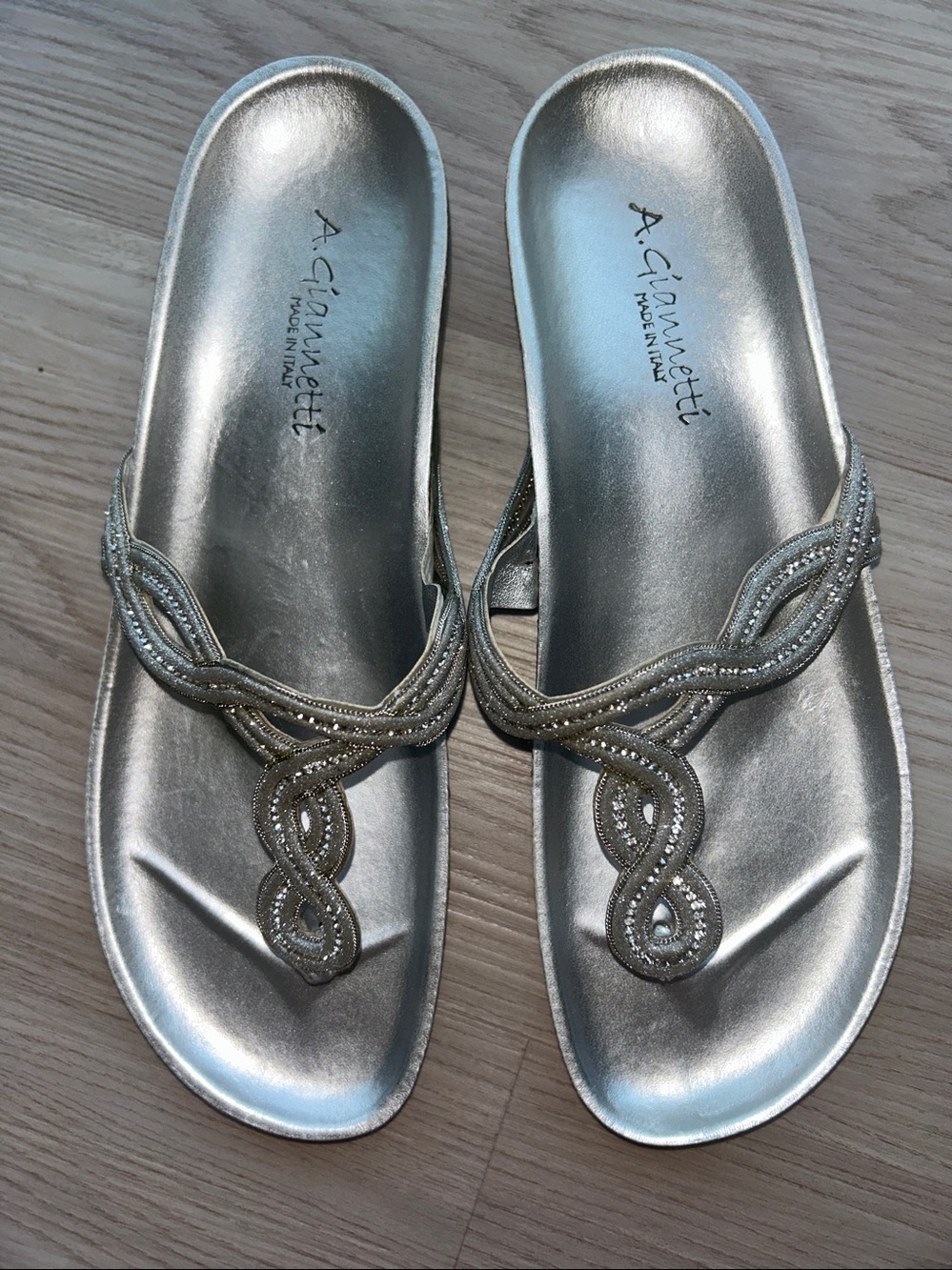Italian Embellished Slide Comfort Sandals 8 Silver NWOT Cork Glam Casual Thong